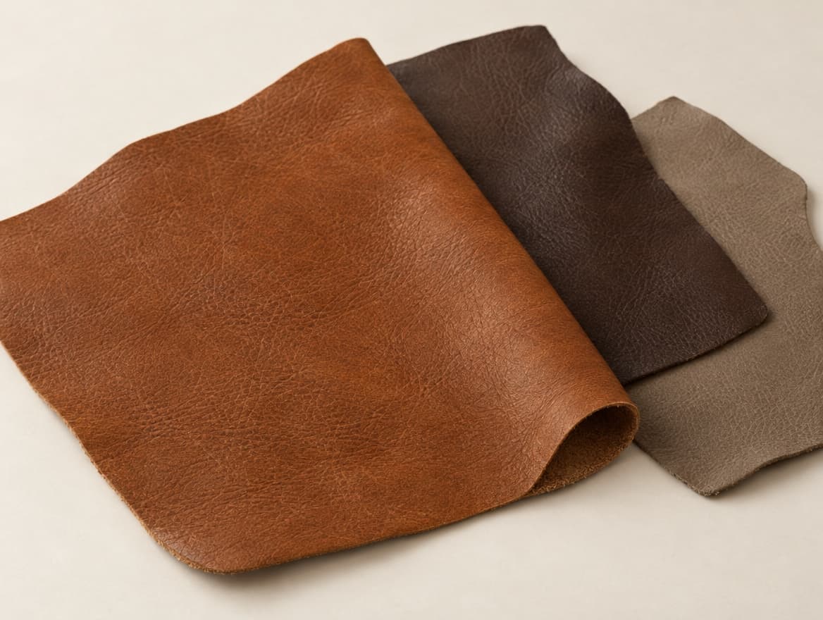 close-up of brown leather sample pieces showing surface grain and a folded edge