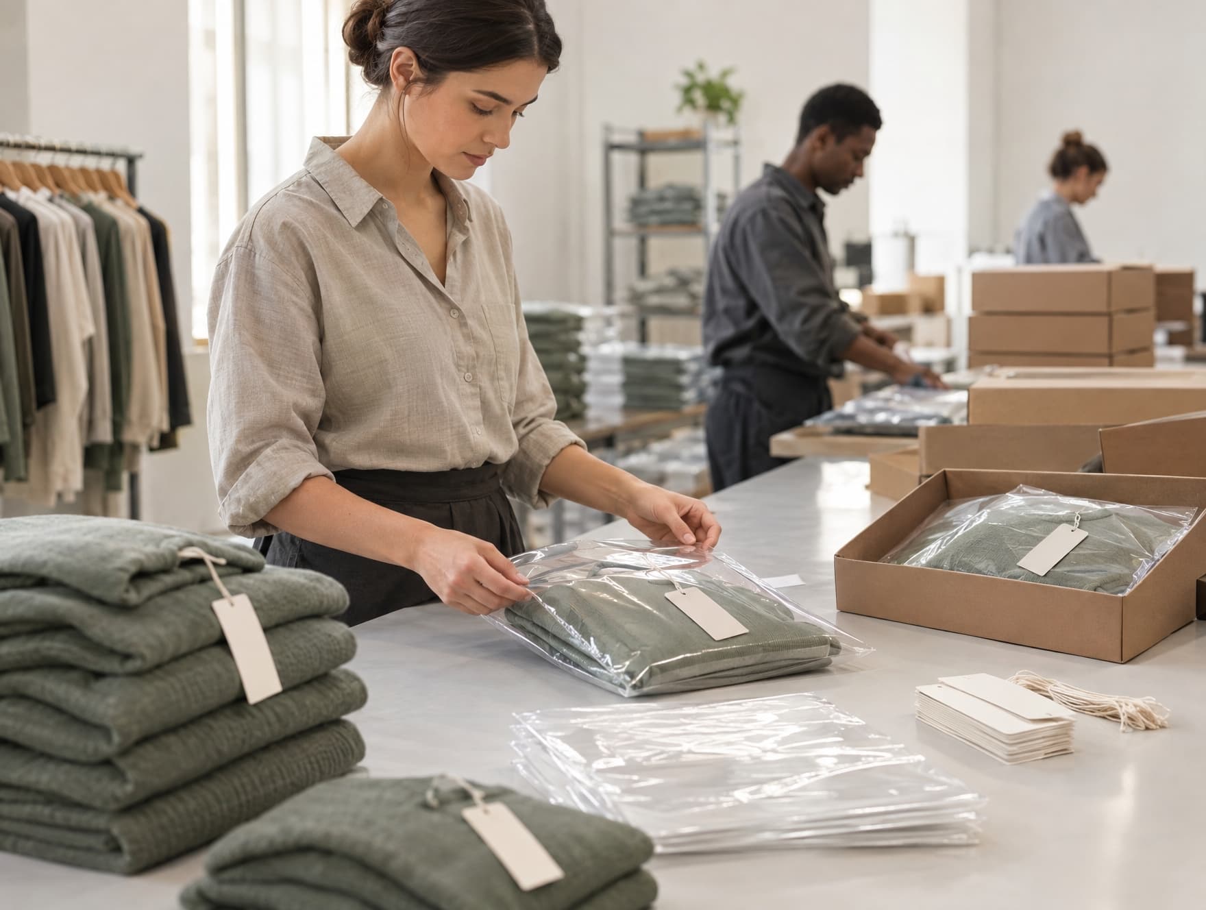 A folded garment being packed with packaging materials