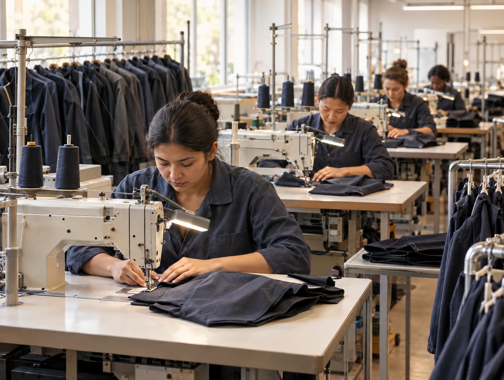 An operator sewing a garment panel at a sewing station
