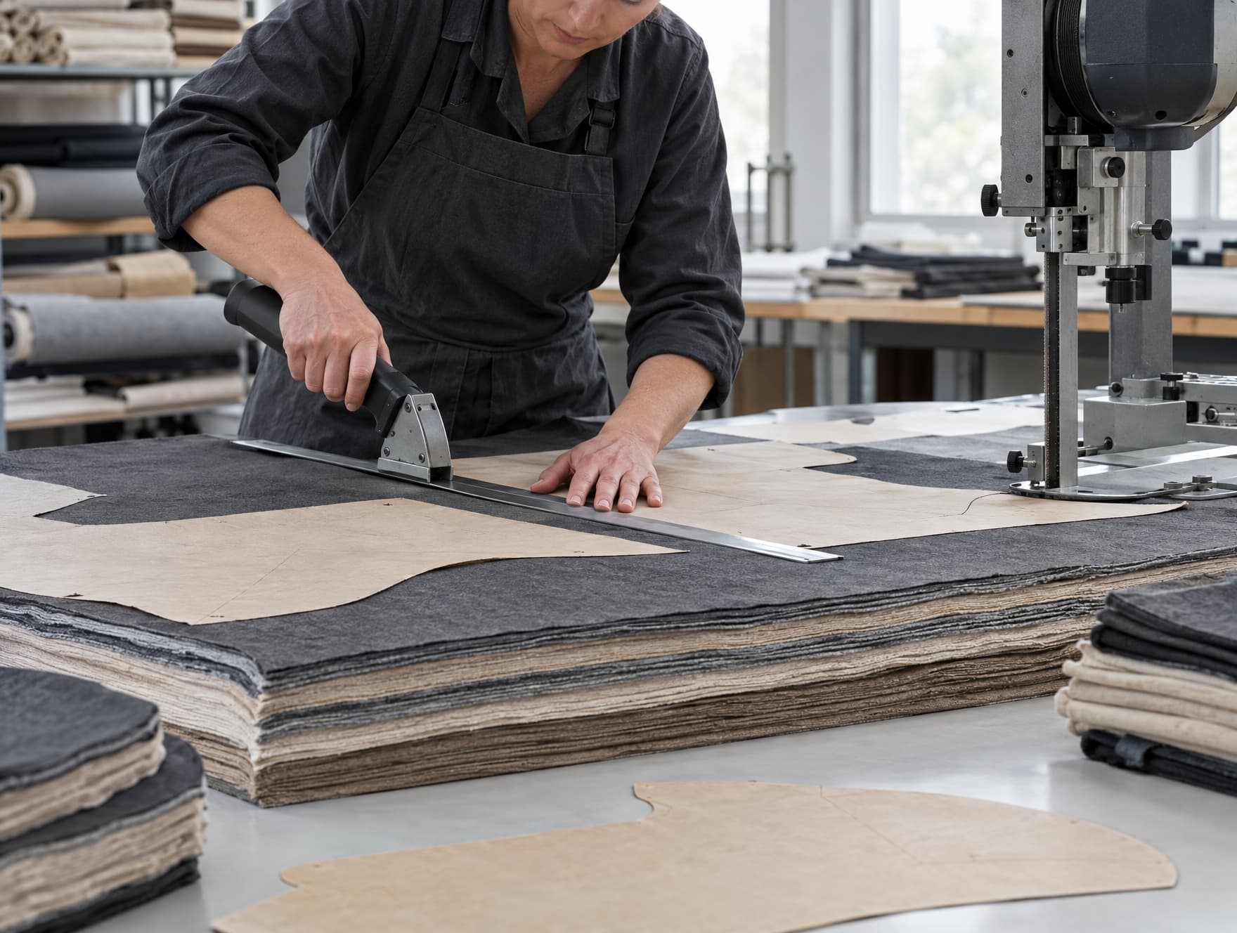 Fabric being spread and cut in the cutting room