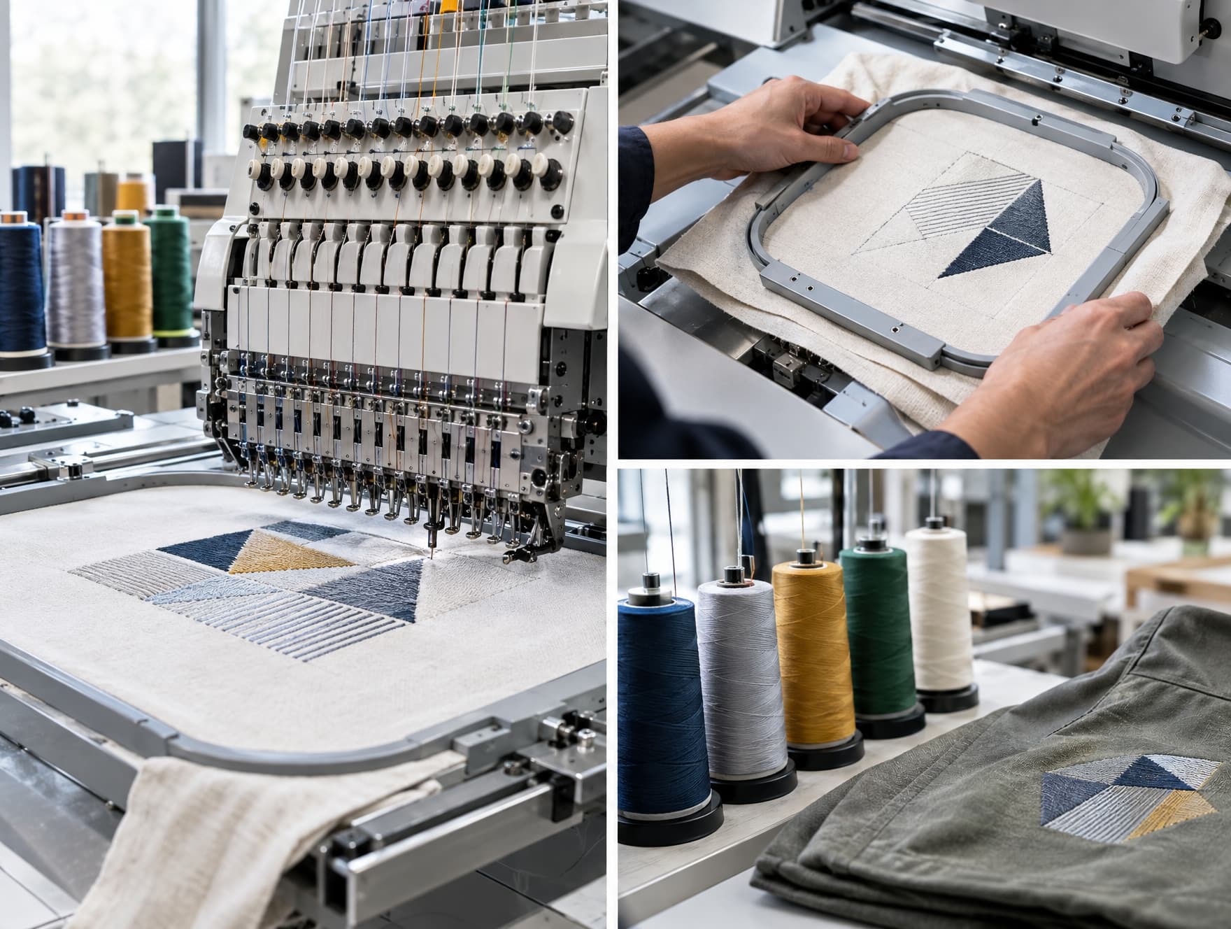 A multi head embroidery machine stitching a design