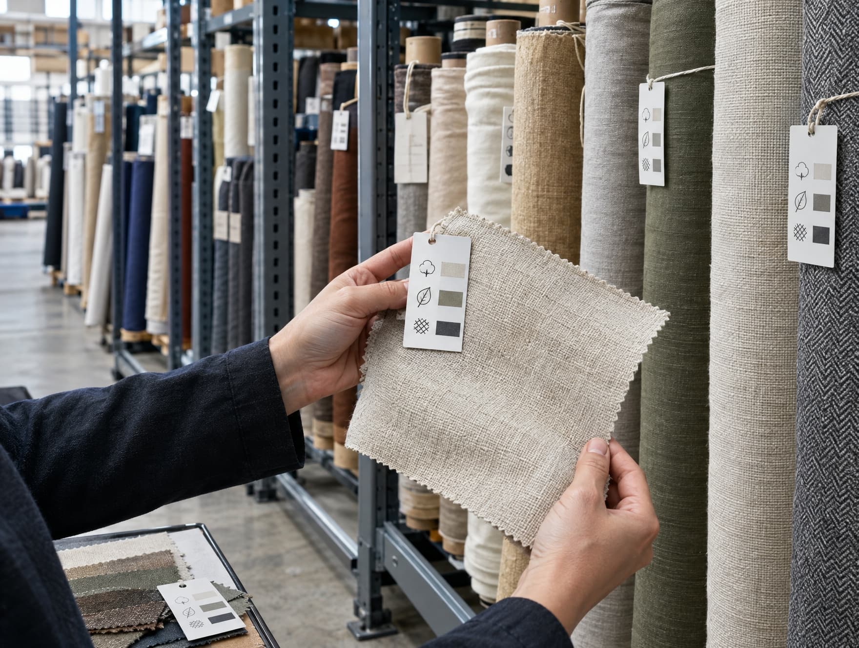 Fabric rolls and yarn cones reviewed at a sourcing desk