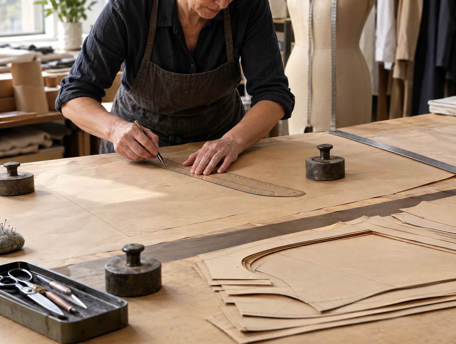 A pattern being drafted and marked on paper