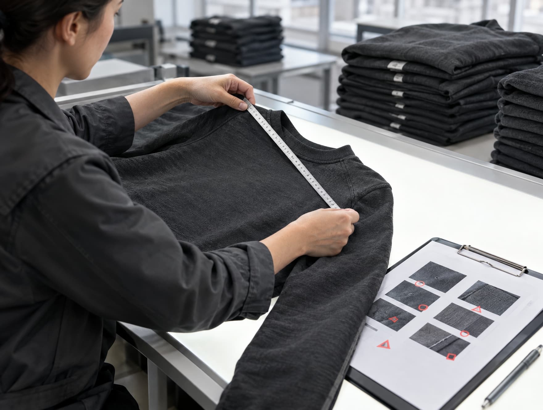 A garment being checked against specification during quality control
