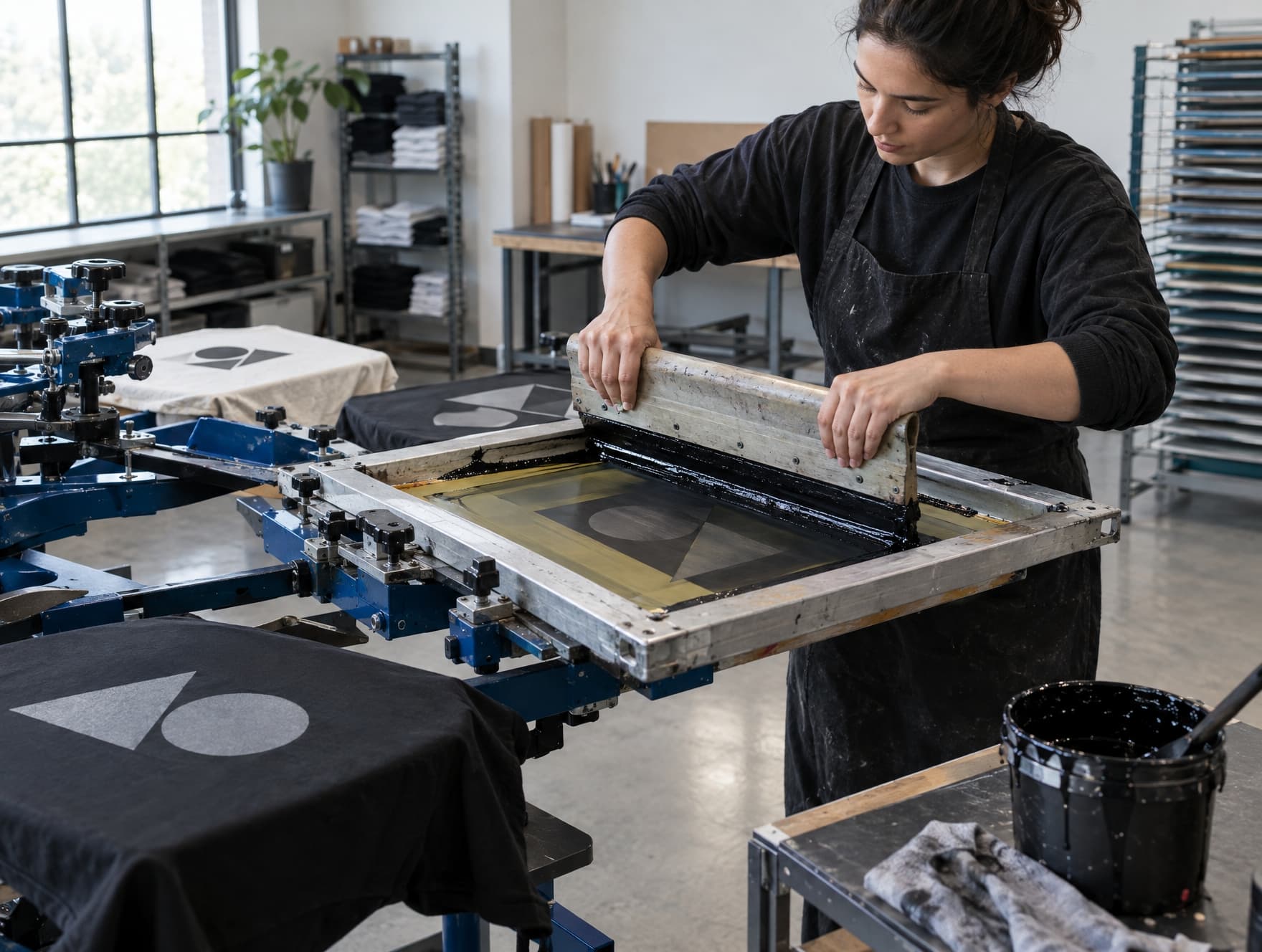 Screen printing being applied to a garment panel
