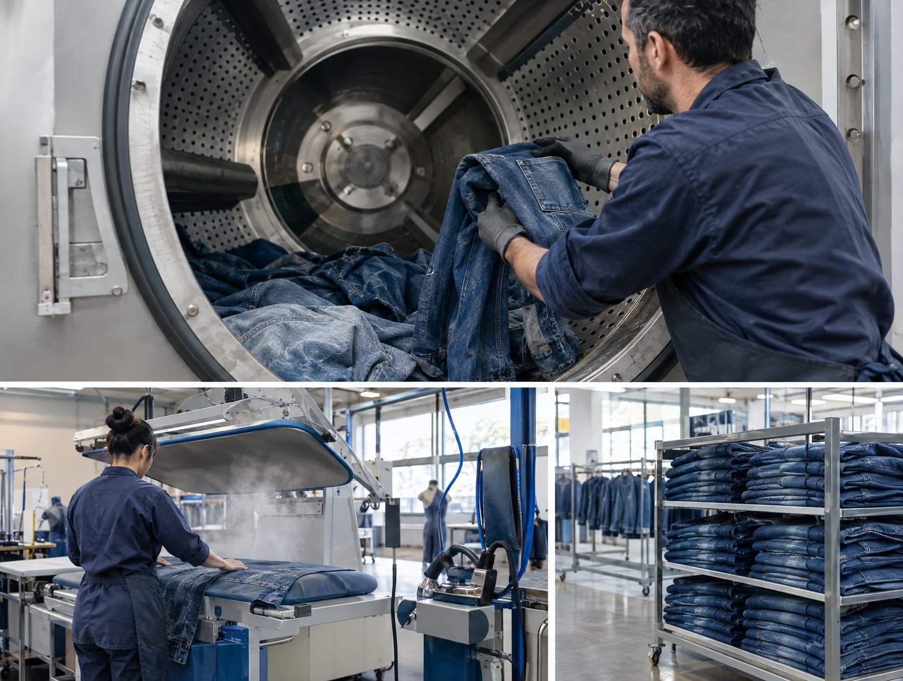 A finished garment being pressed during garment finishing