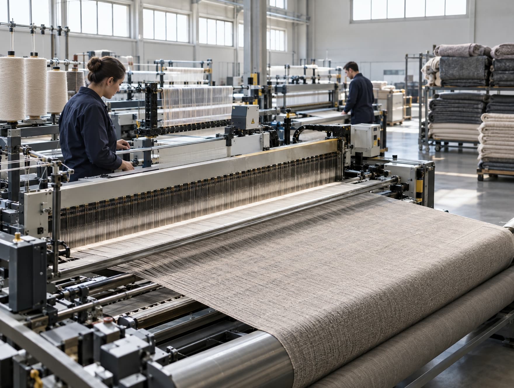 A loom weaving fabric, warp threads visible