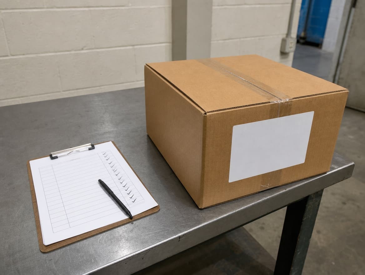 A quality checklist on a clipboard beside a sealed export carton