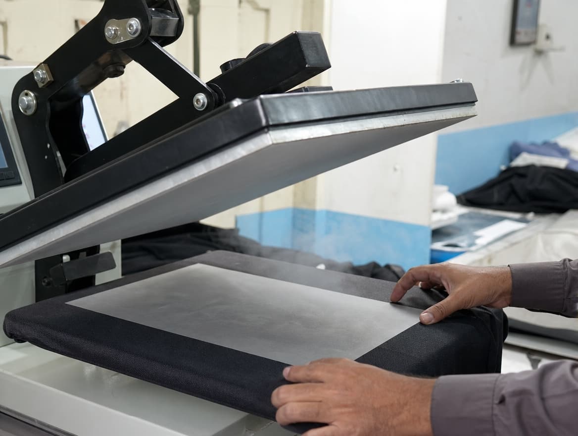 A heat press applying a transfer to a folded garment panel, steam visible