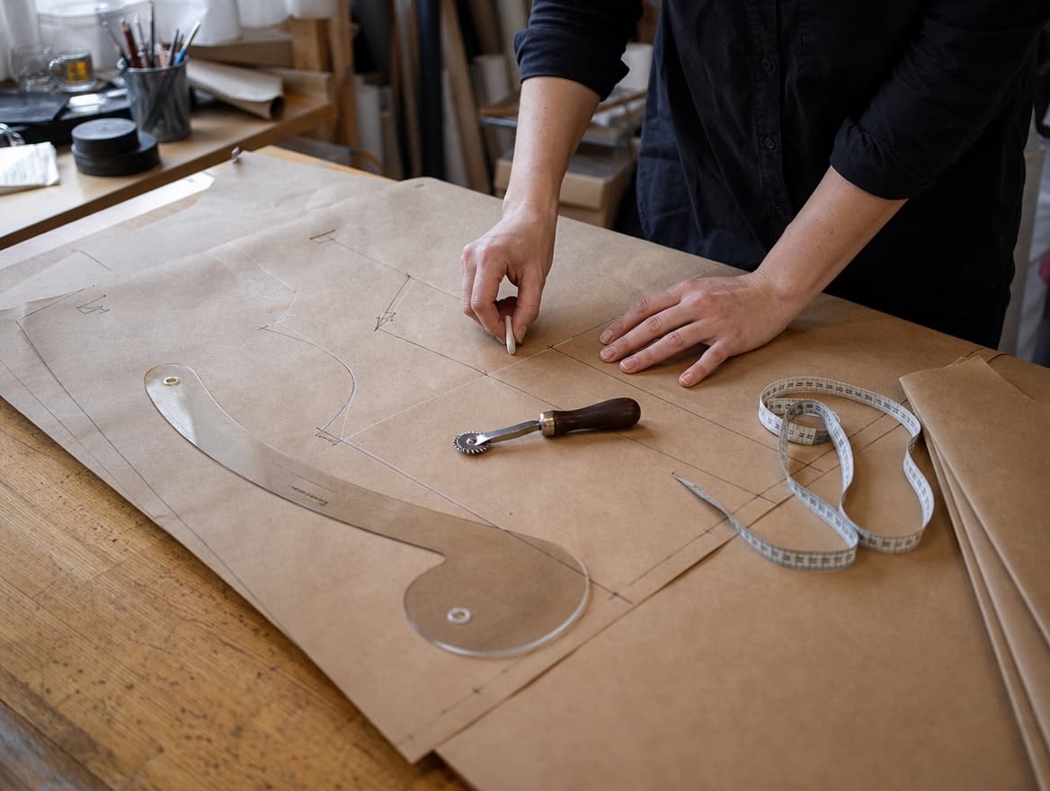 Pattern paper, a tracing wheel and measuring tools laid out on a design bench