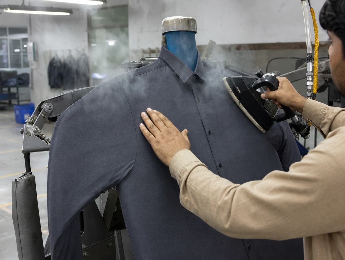 A finished garment being steam pressed on a finishing station