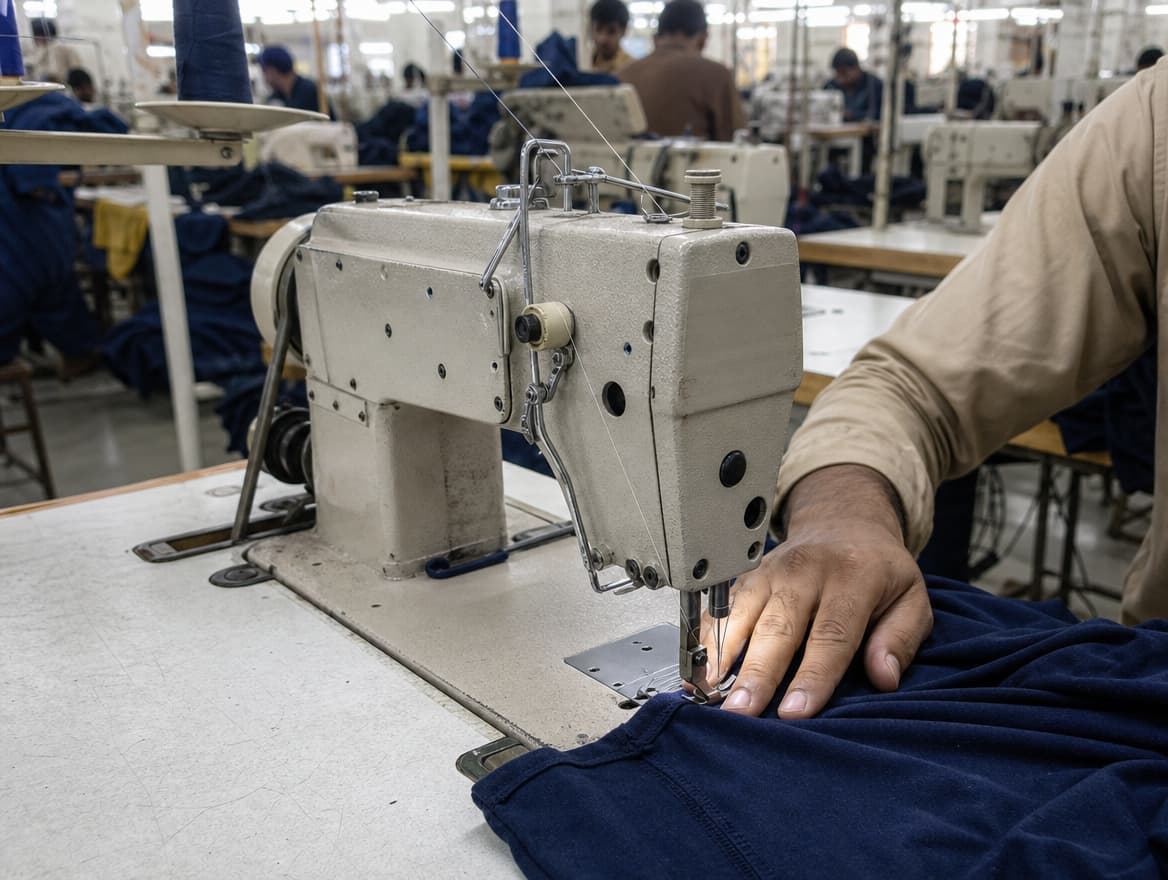 A close, mid distance view of a single sewing station with fabric feeding through the machine