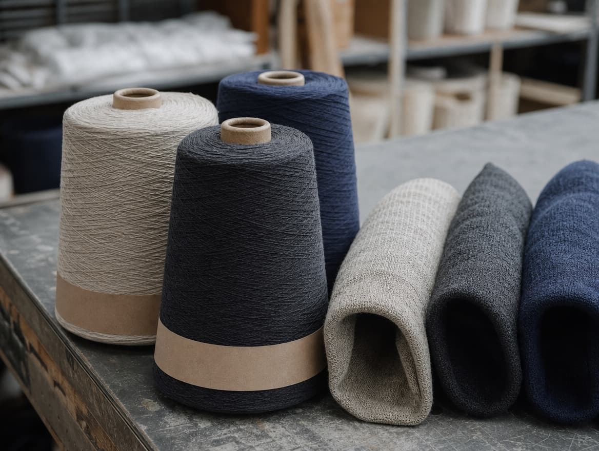 Yarn cones and rolled fabric samples grouped together at a sourcing desk