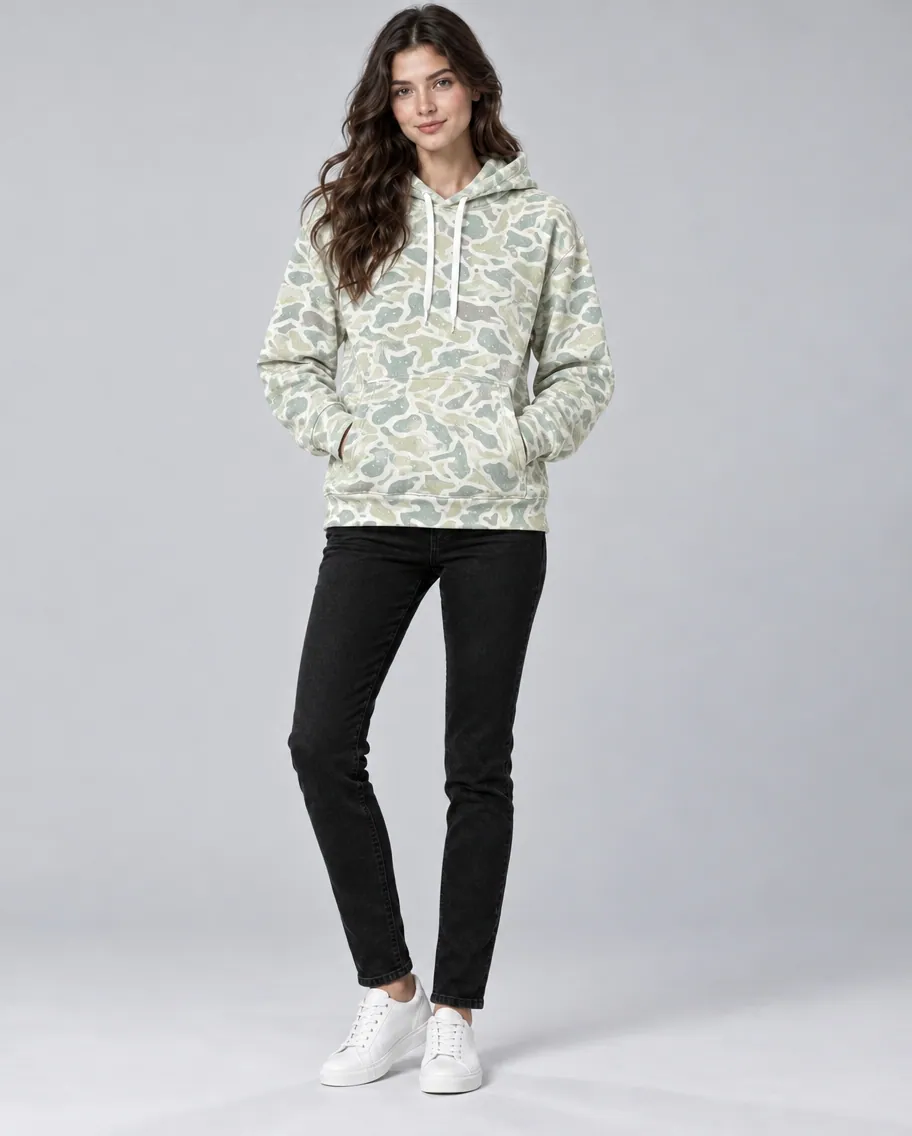 Sage camouflage print hoodie, worn by a female model