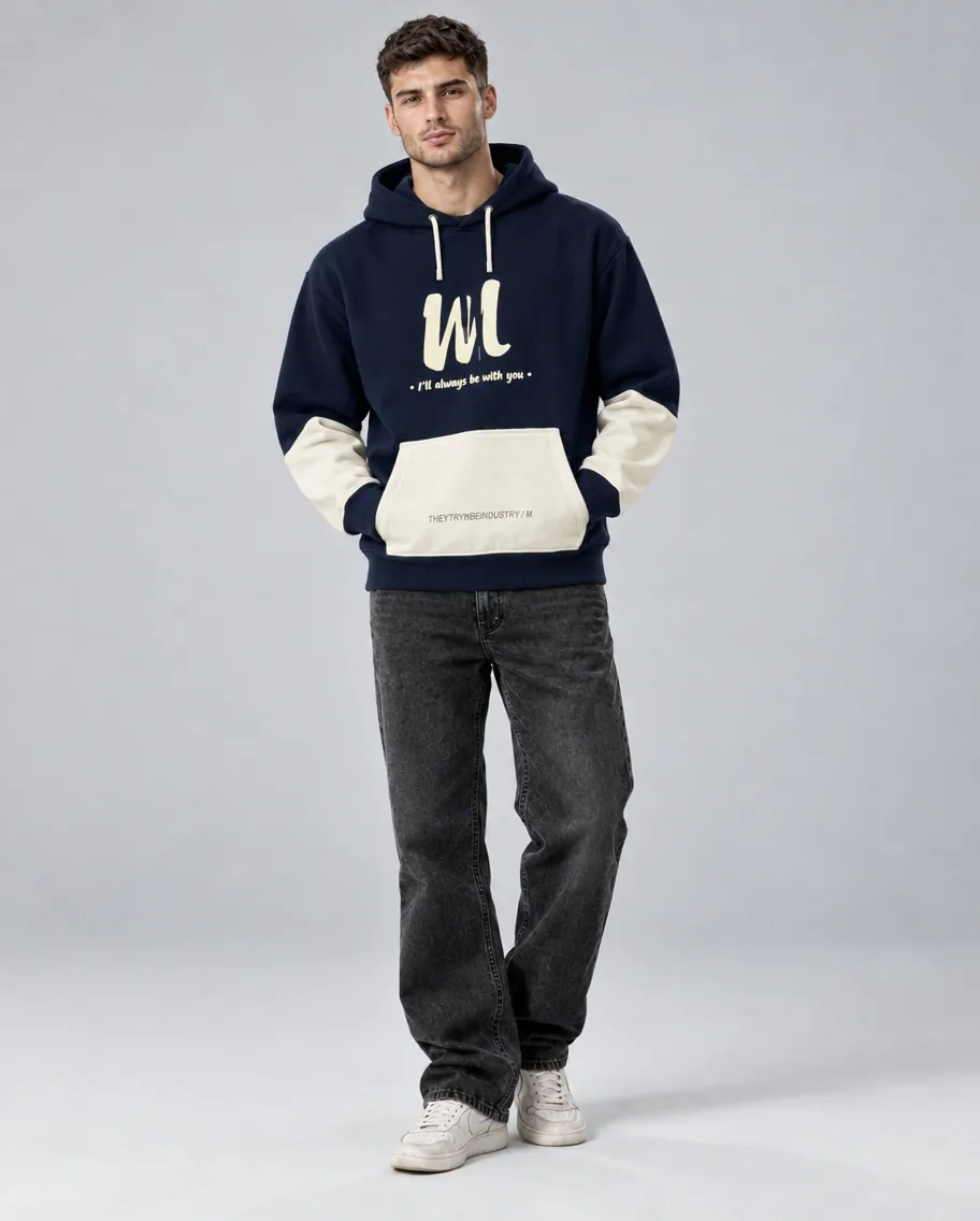 Navy and cream colour-block hoodie, worn by a male model