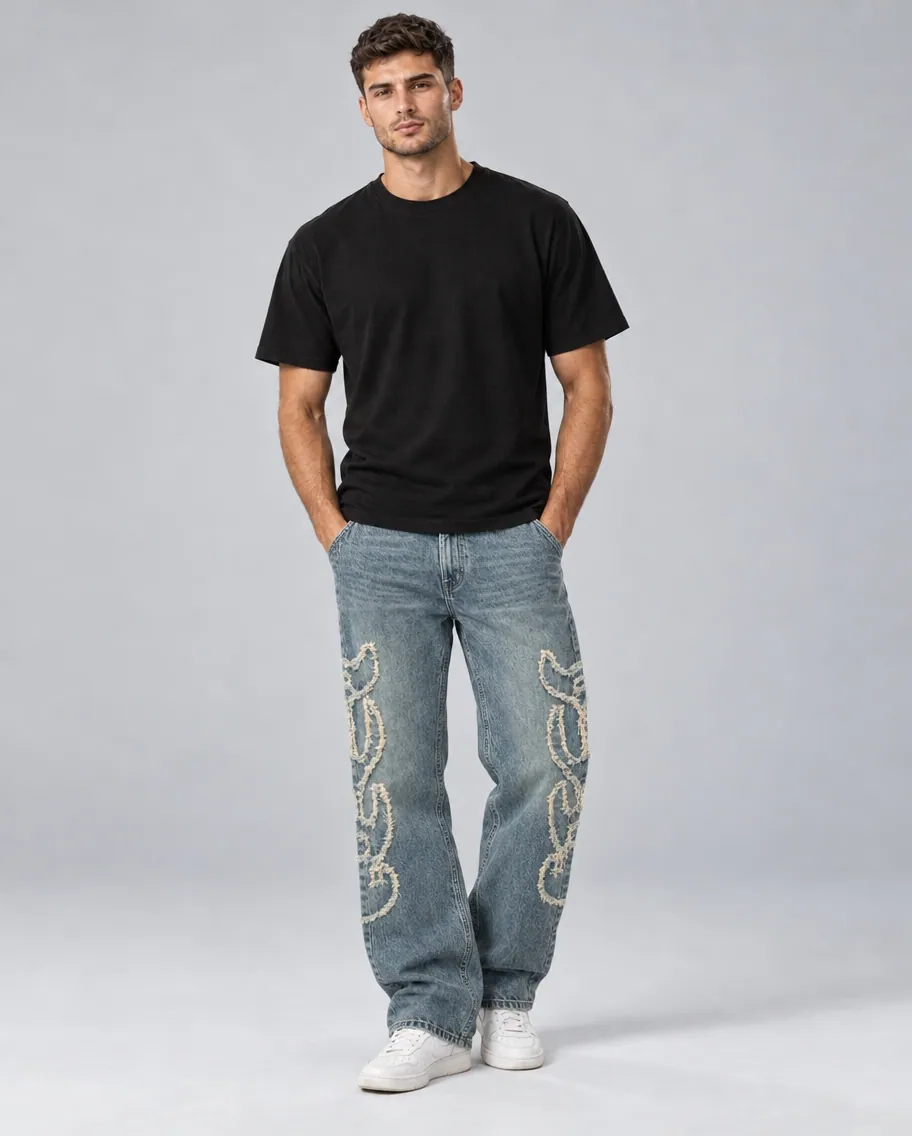 Light blue jeans with rope-stitch embroidery, worn by a male model