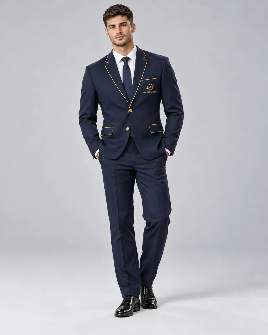 Navy management jacket with gold piping, worn by a male model