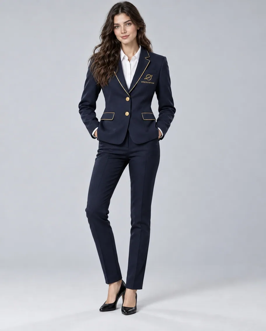 Navy reception jacket with gold piping, worn by a female model