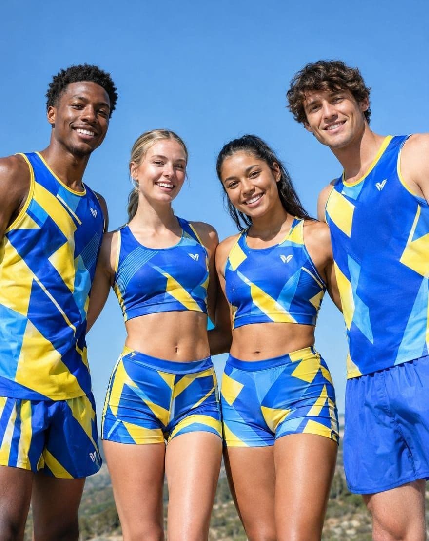 Four athletes wearing matching electric blue and yellow sublimated running kits outdoors under a clear sky
