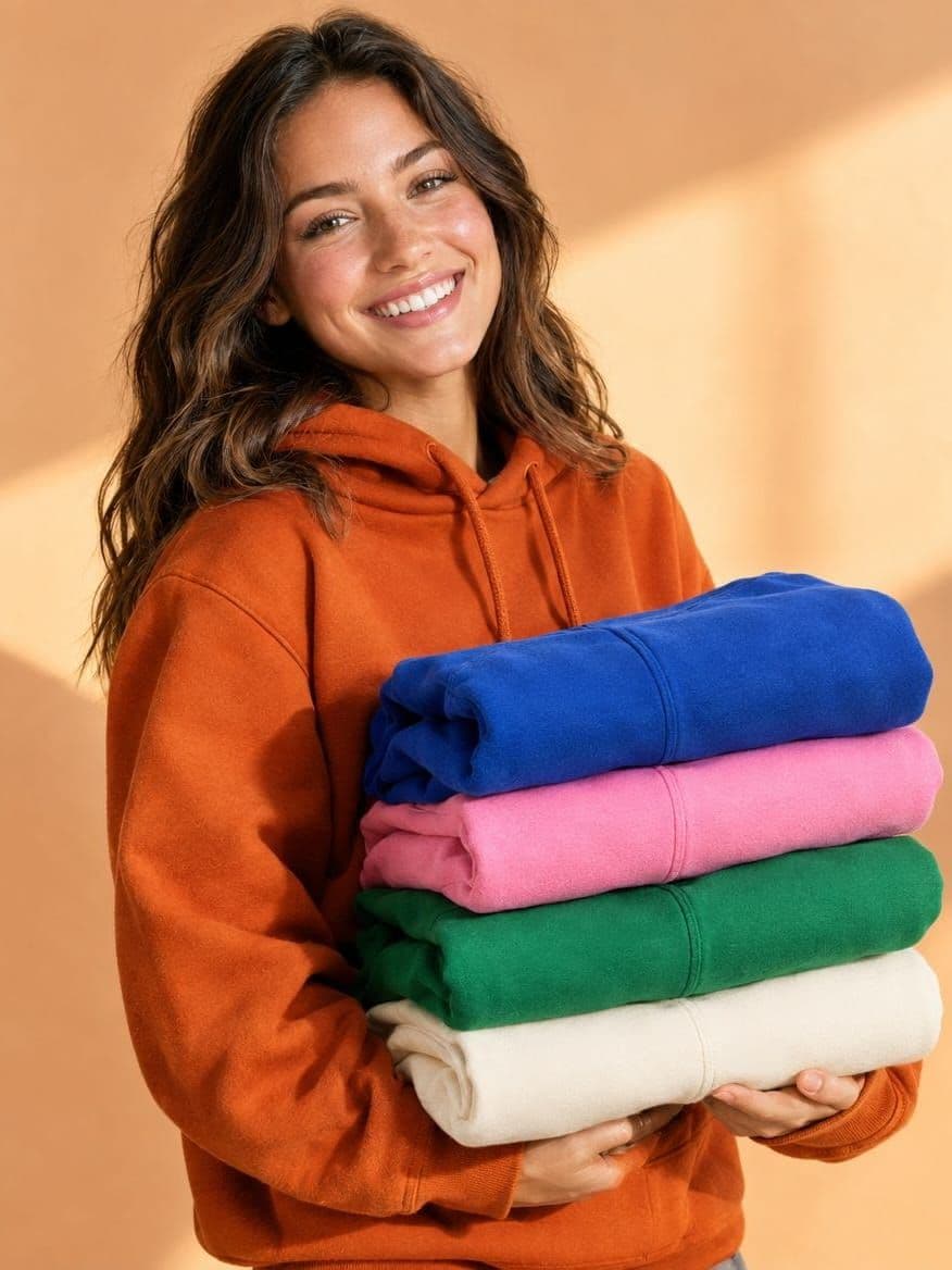 A smiling woman in a burnt orange hoodie holding a folded stack of hoodies in royal blue, pink, forest green and cream