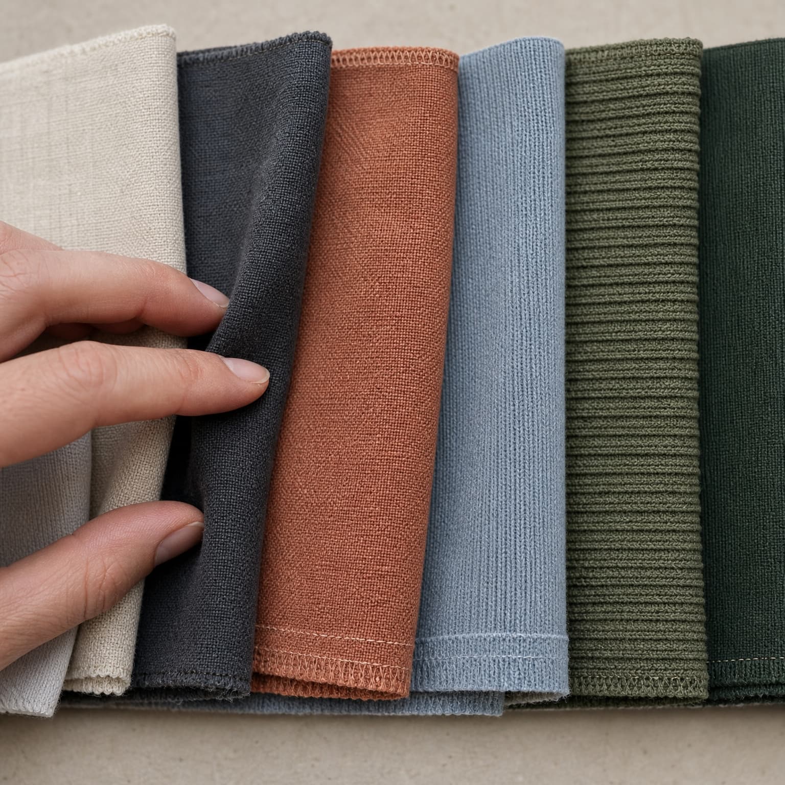A hand comparing folded fabric swatches in a coordinated colour range