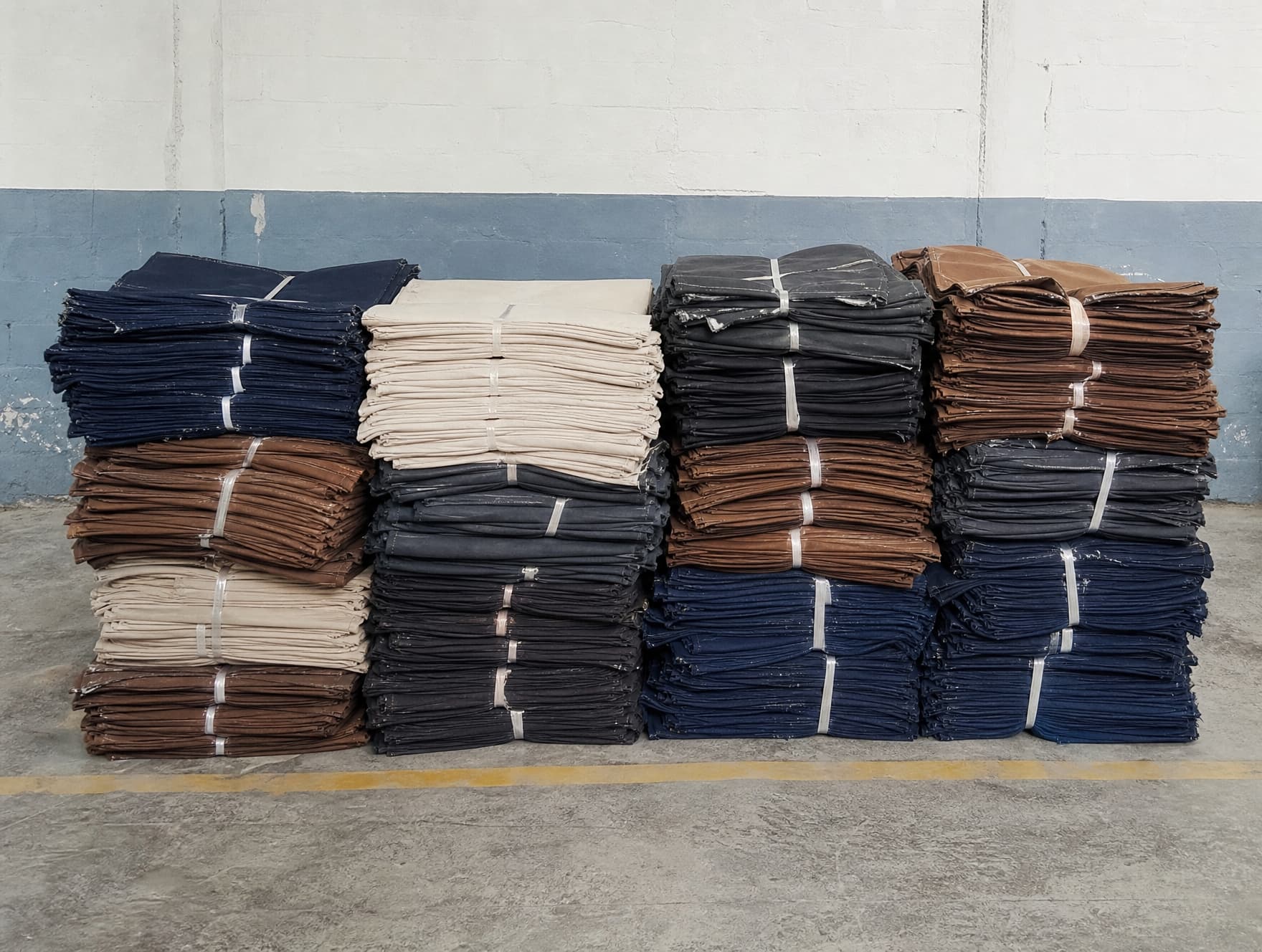 Bundled, colour sorted cut fabric panels stacked before assembly