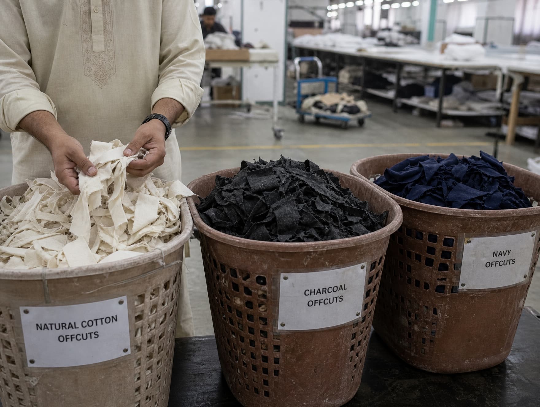 Fabric offcuts sorted by colour into labelled bins on the production floor