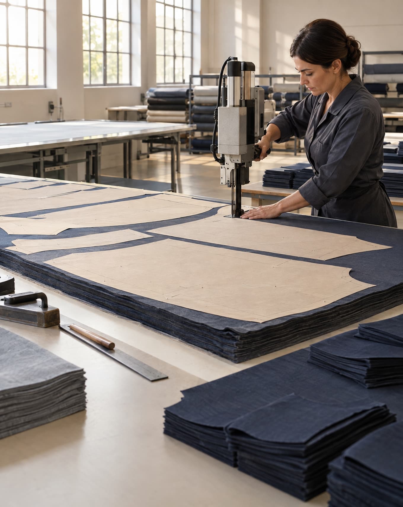 Fabric being spread and cut in the cutting room