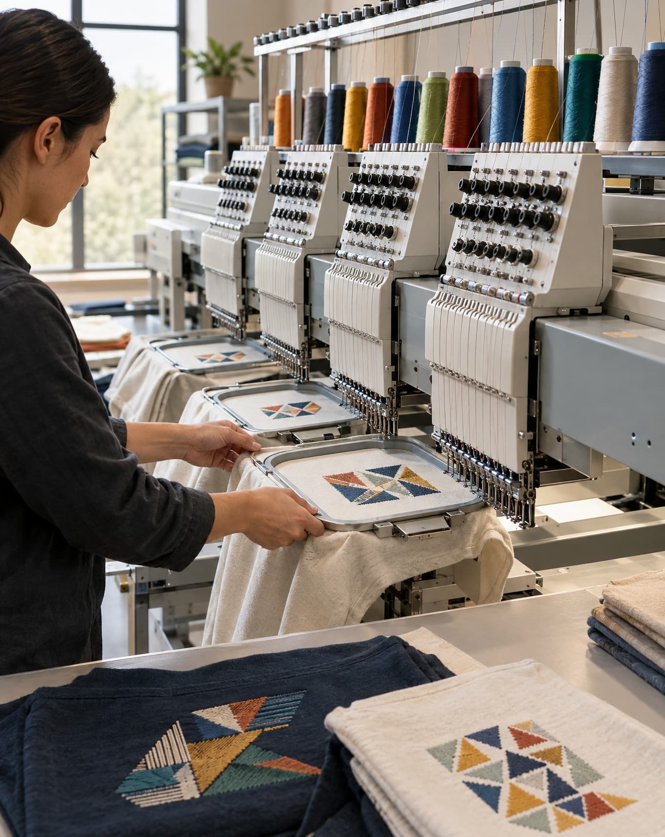 Multi head embroidery machine stitching a floral design