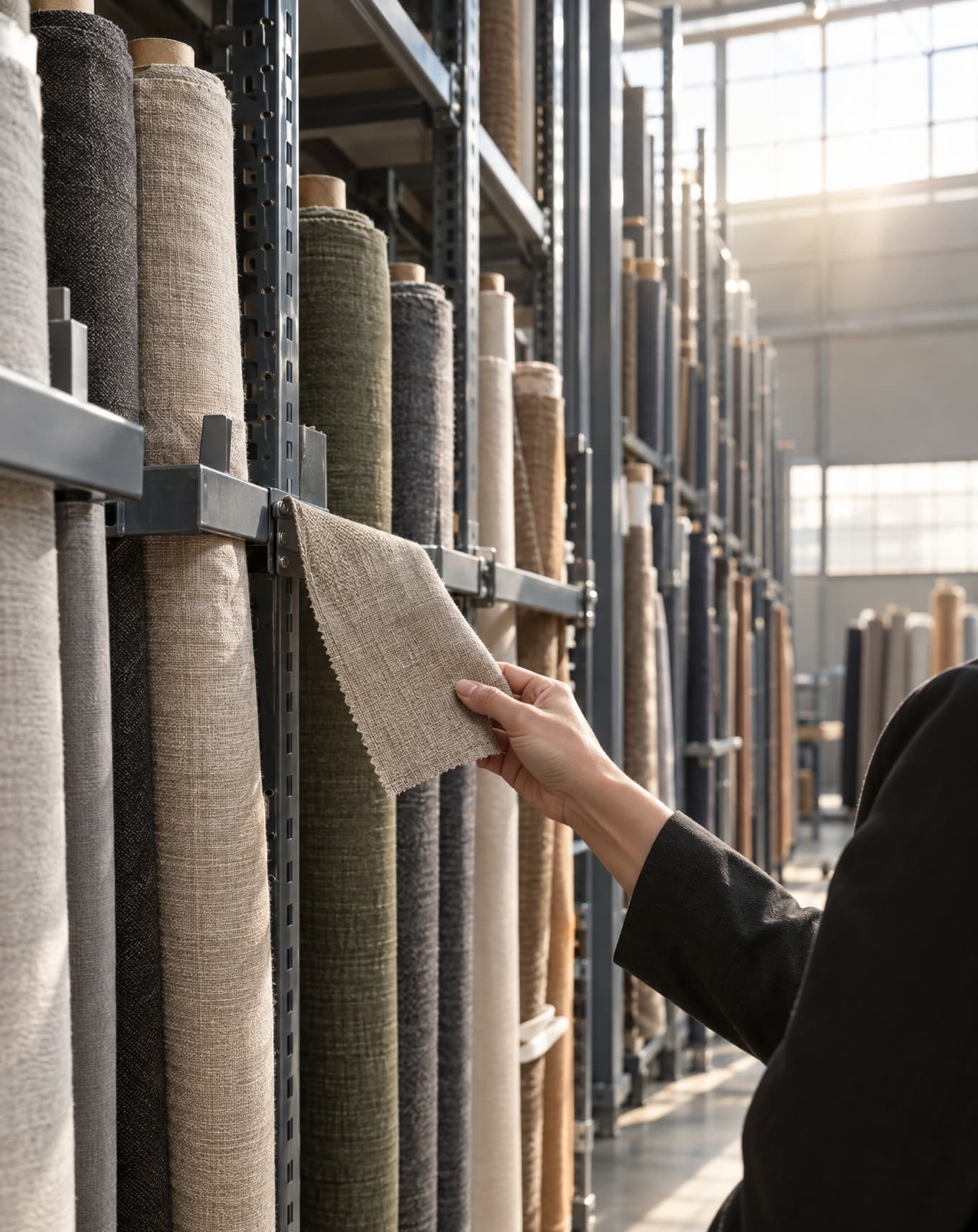 Rolls of fabric stored and labelled in the material warehouse