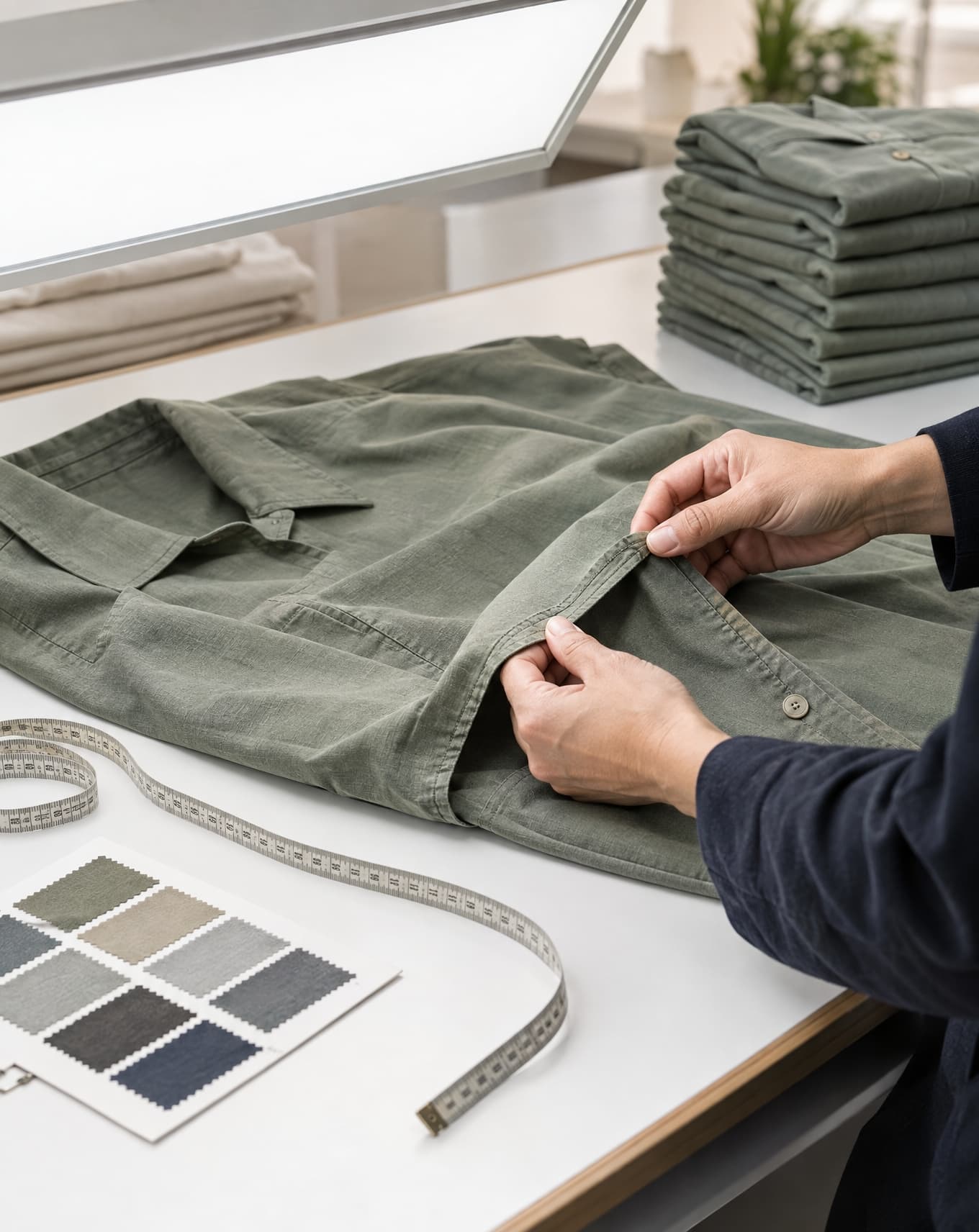 A garment being measured against a specification on an inspection table