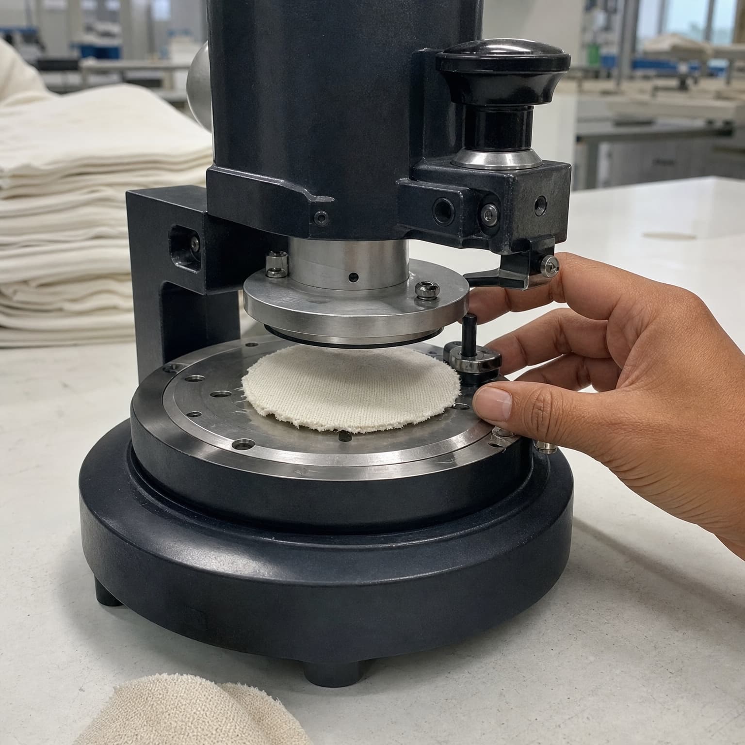 A GSM cutter testing a fabric sample on the bench