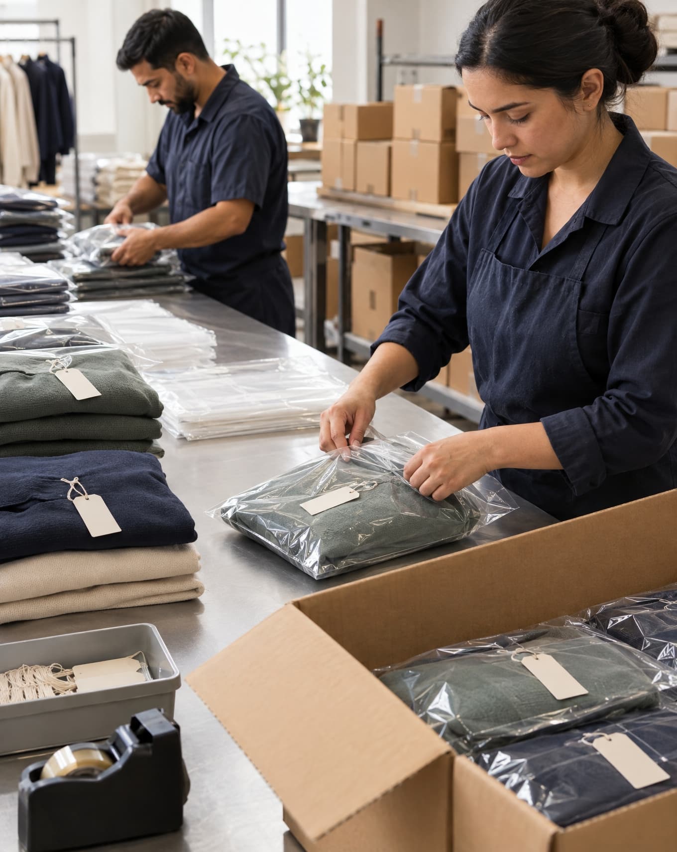 Finished garments being folded and packed into export cartons