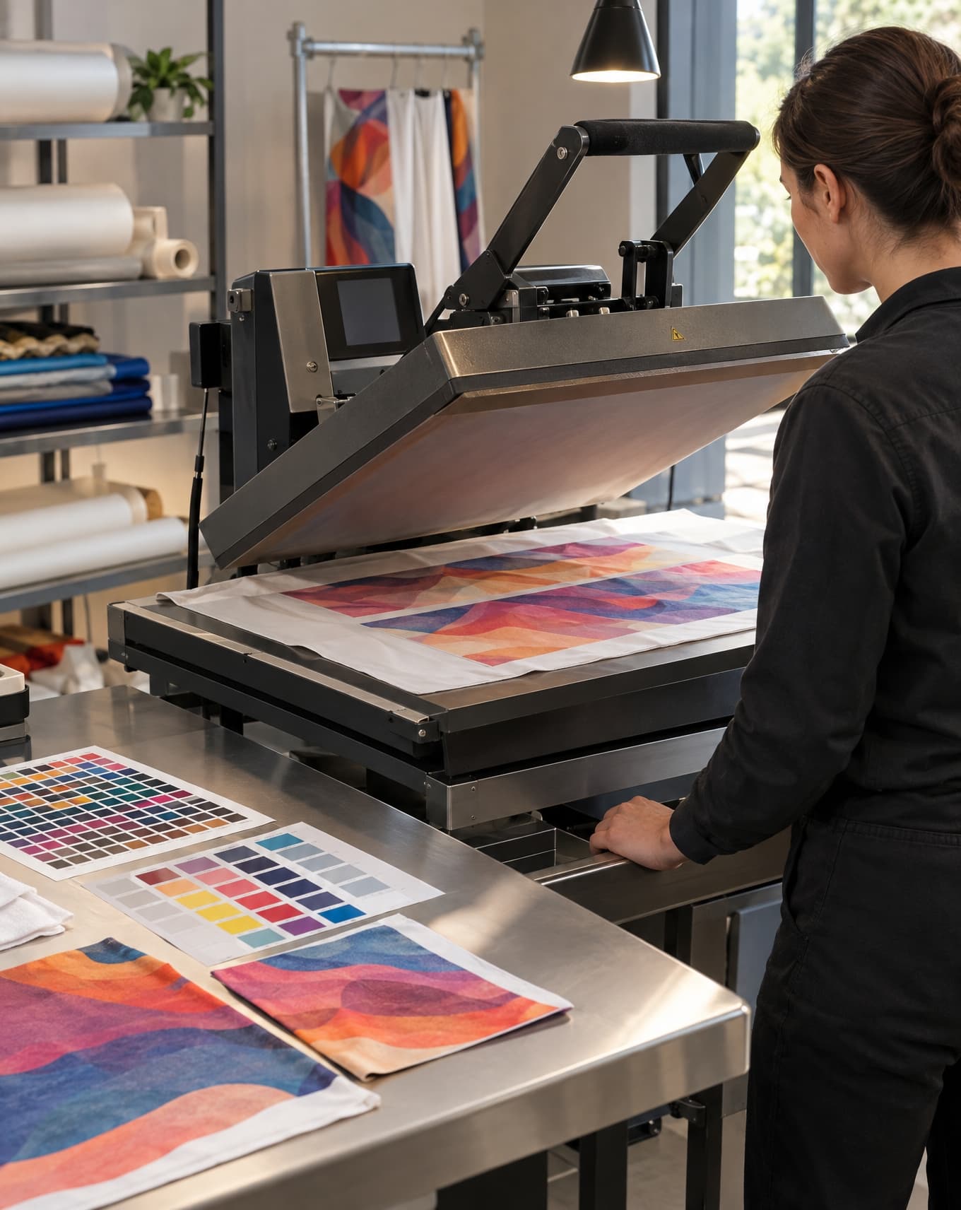 A heat press applying a sublimated colour panel to fabric