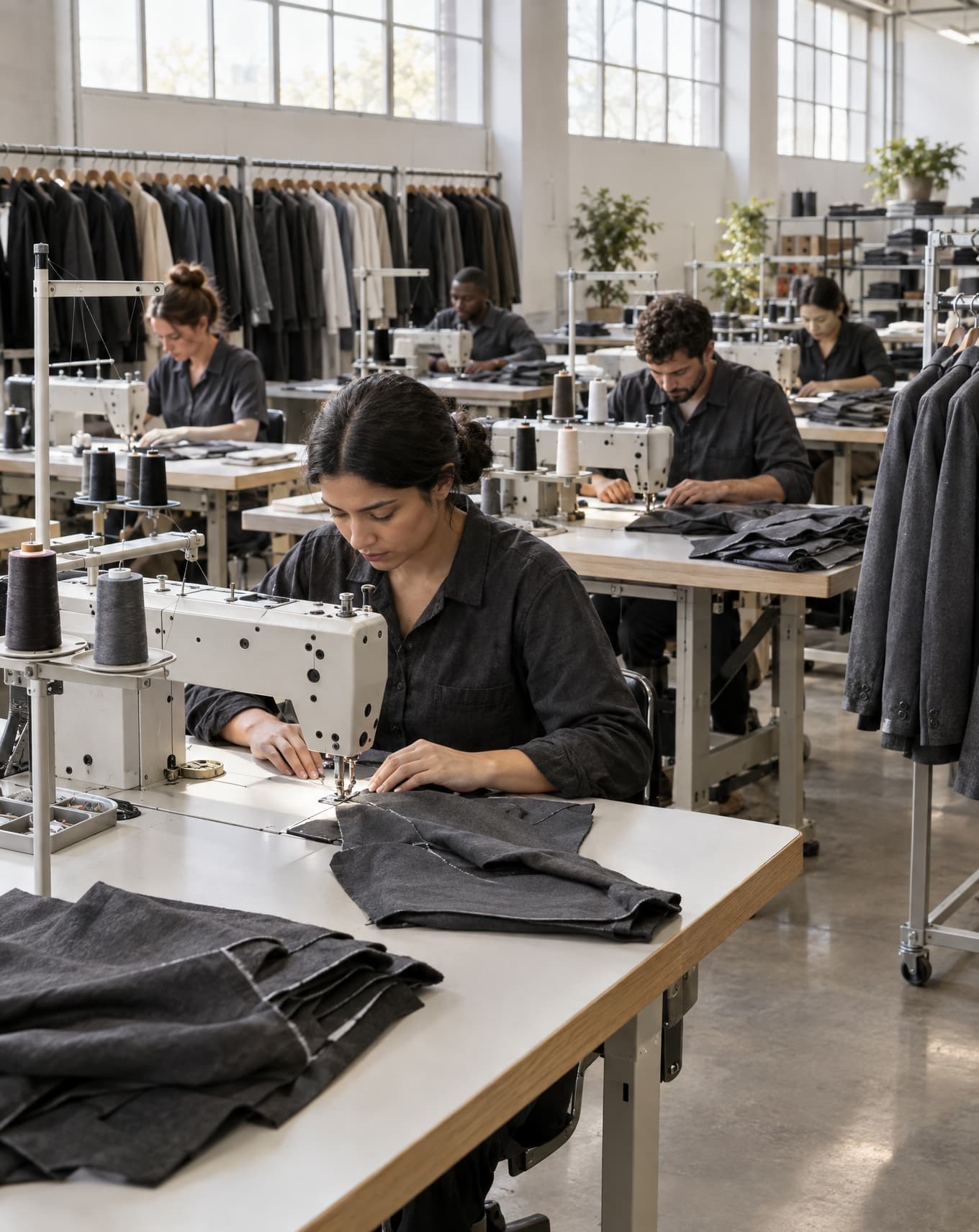 Sewing lines running on the production floor, seen from a raised angle