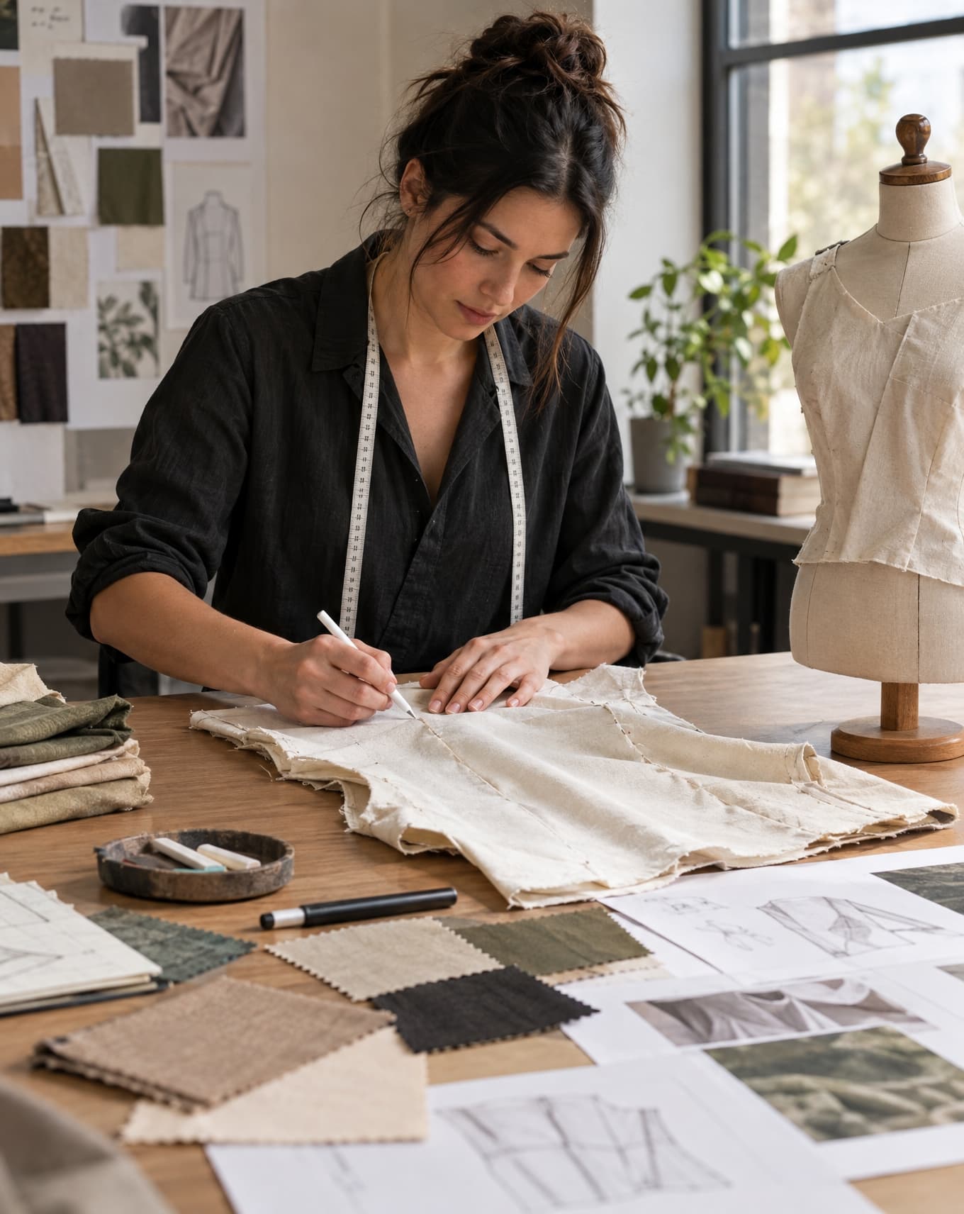 A sample maker working with pattern pieces and a development garment