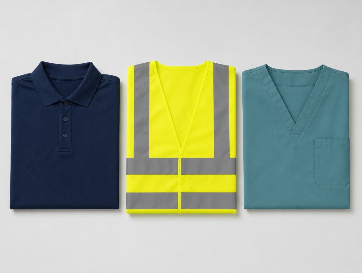 Folded garments from several different use cases grouped together, including a uniform polo, workwear and a plain scrub top