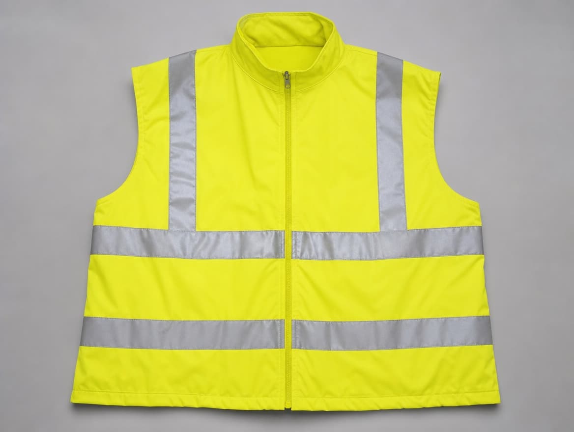 A folded high visibility workwear vest showing reflective tape construction