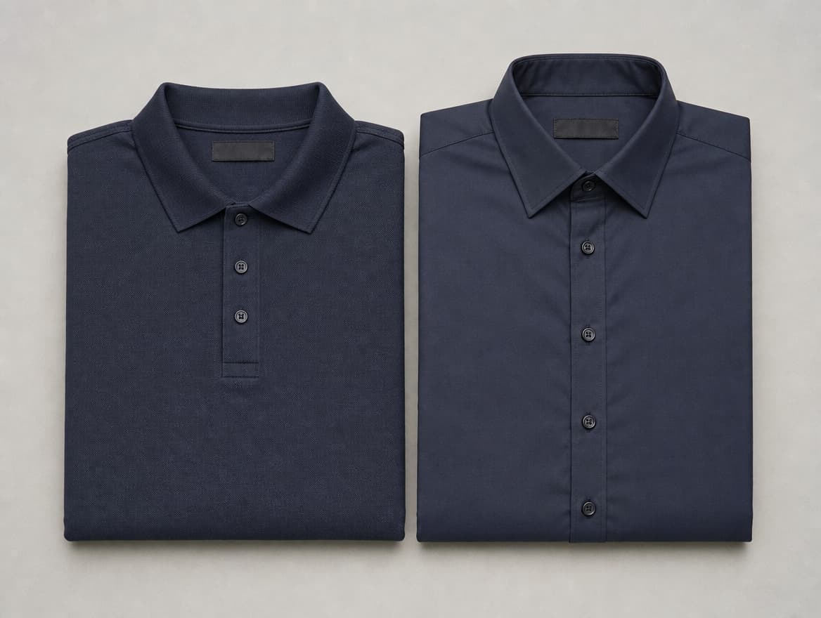 A folded corporate polo shirt and shirt set, blank chest embroidery area