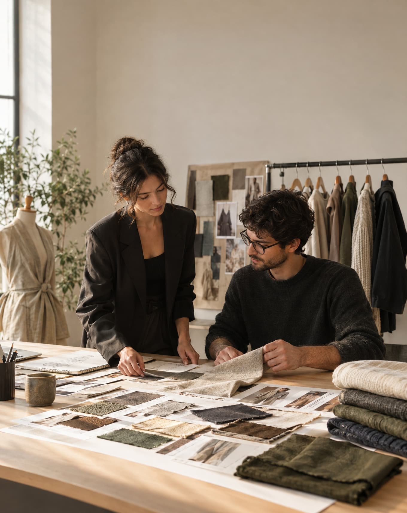 A small capsule of folded apparel with blank neck labels, styled as a brand collection