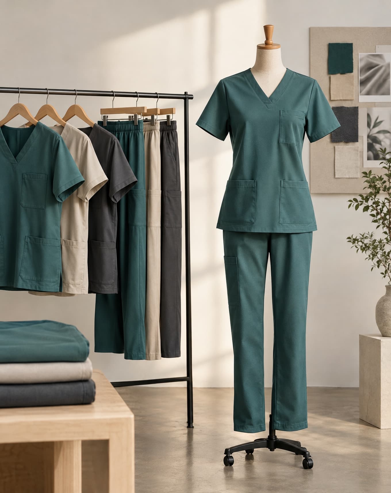 A folded medical scrub top and trousers in a neutral colour, blank pocket