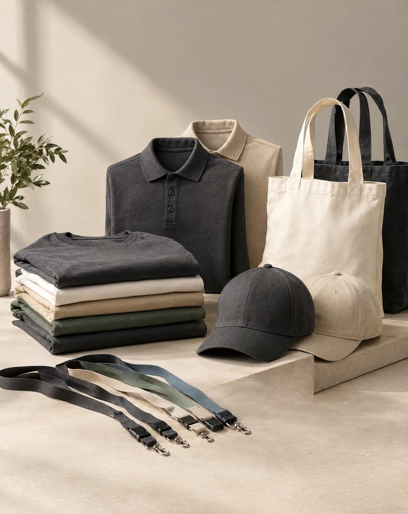 A grouped flat lay of a cap, a tote bag and a small pouch, blank branding areas