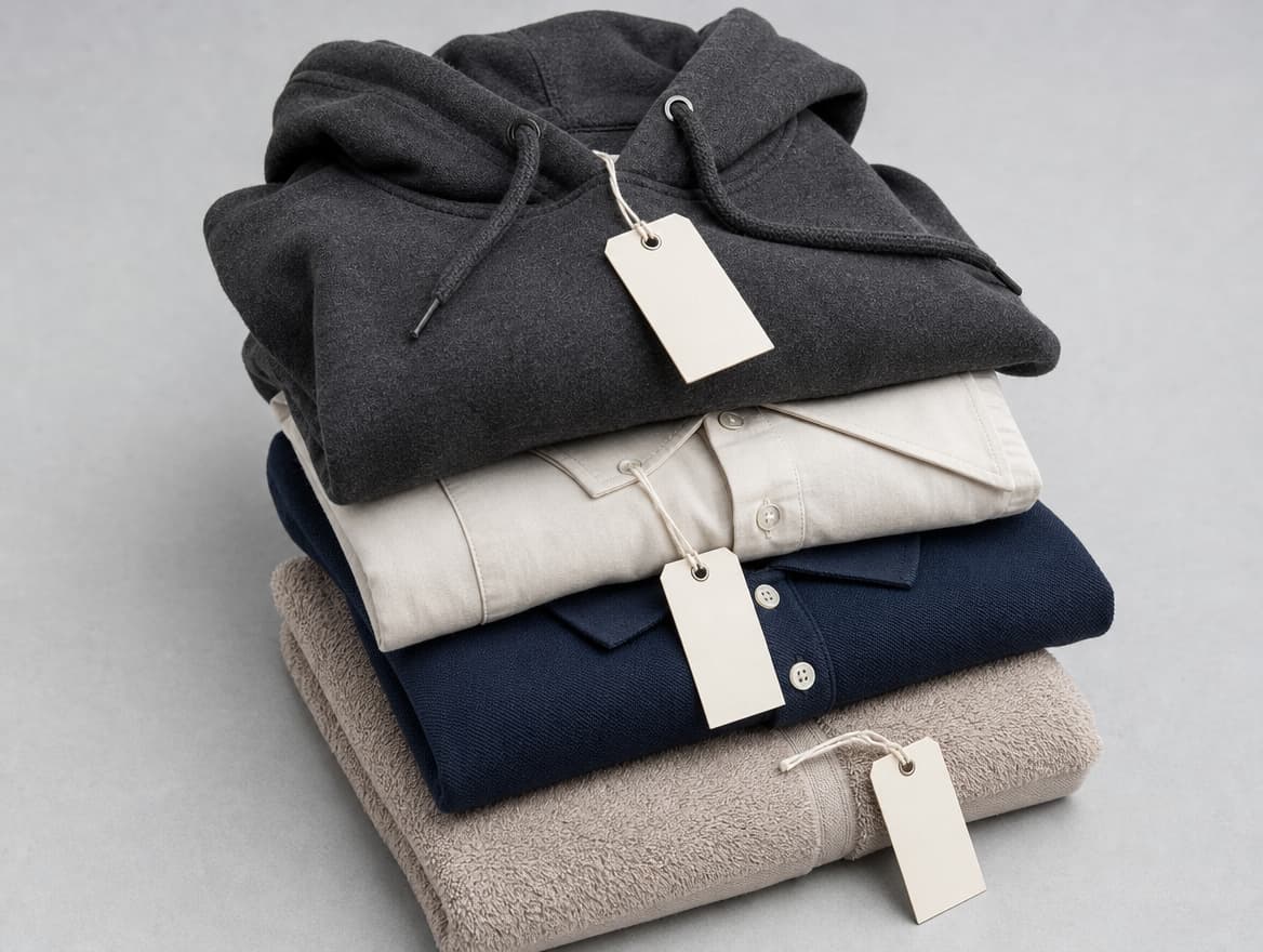 A stack of mixed folded garments with blank swing tags, ready for distribution