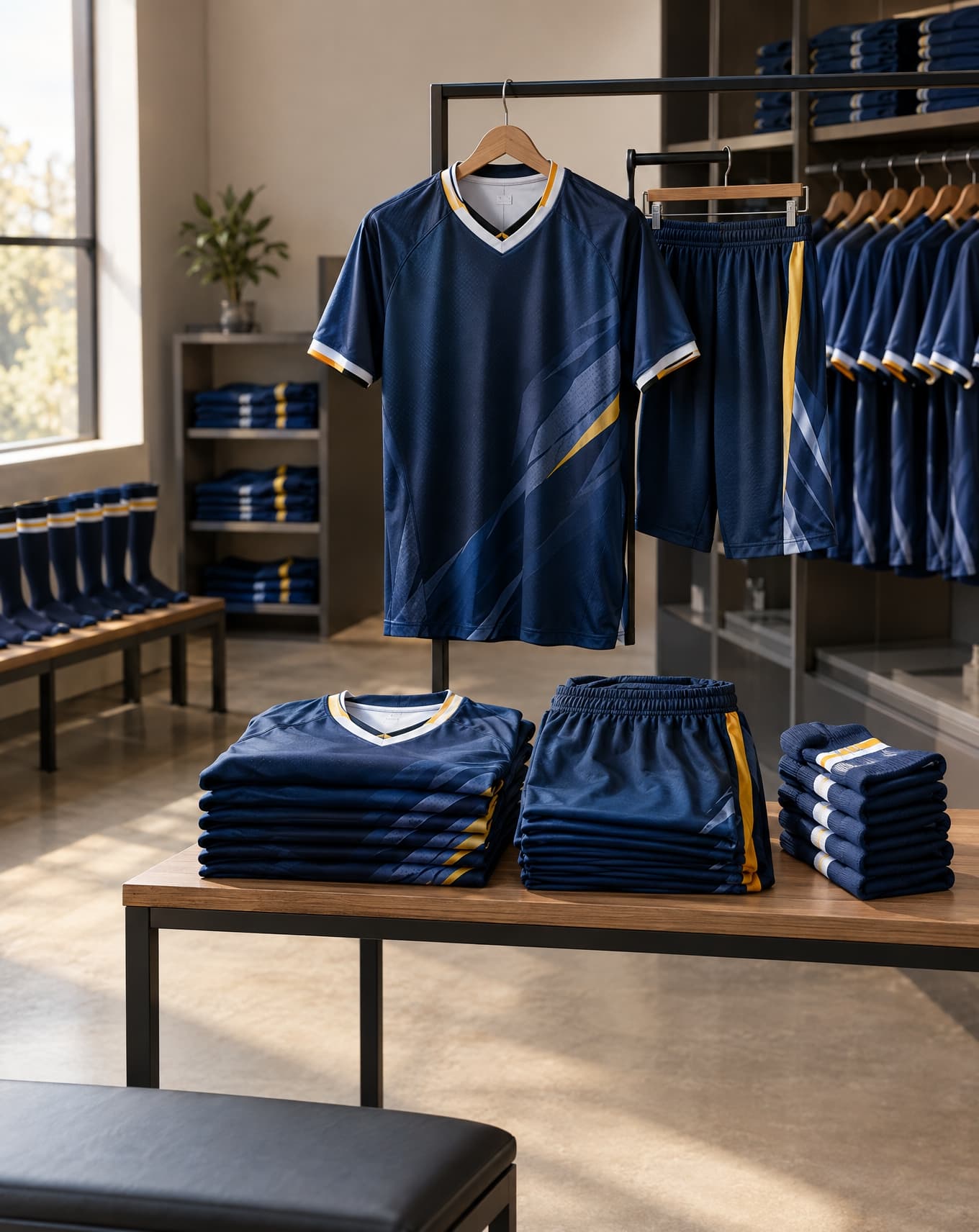 A matching team jersey set folded together, blank number and sponsor areas