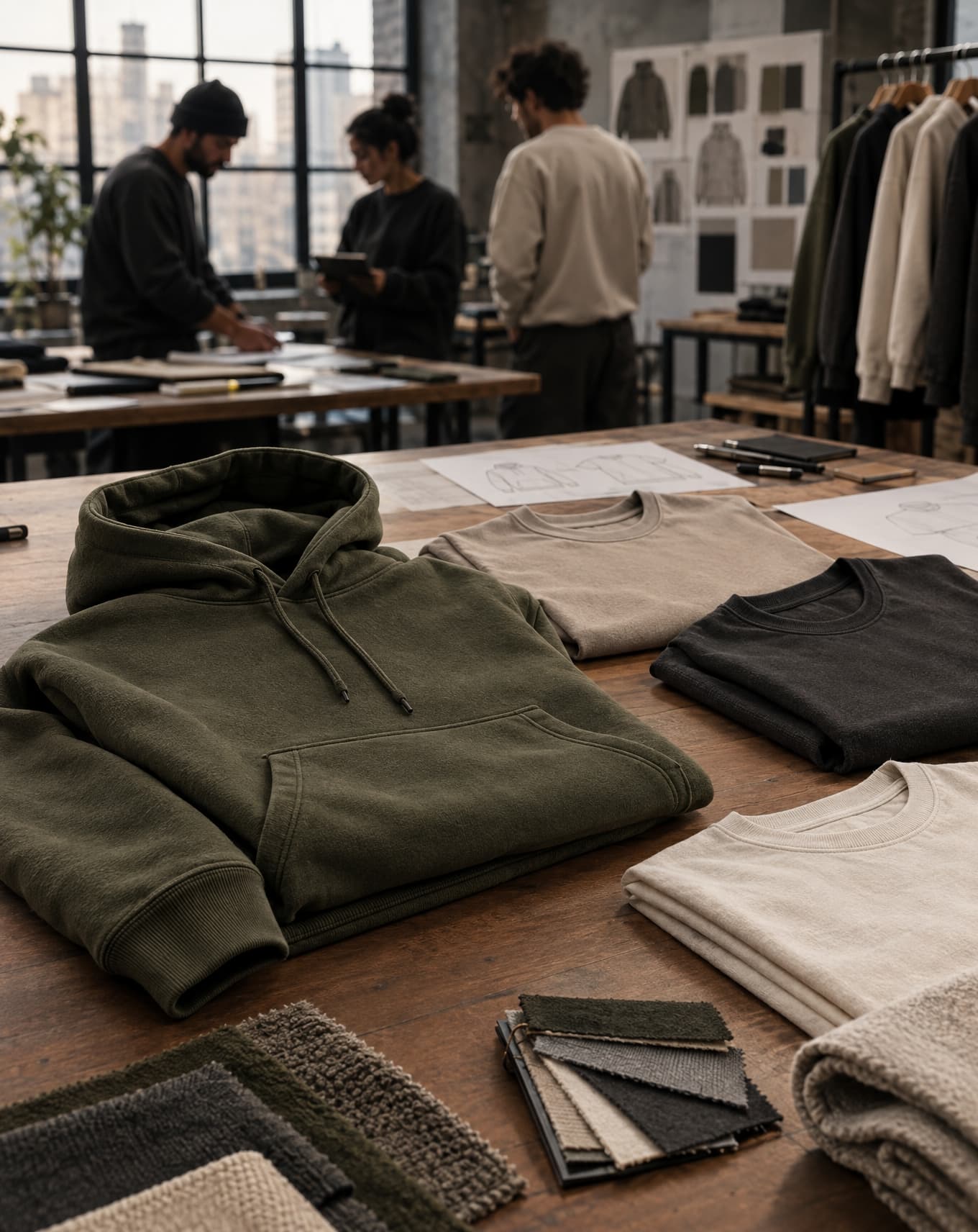 A stacked heavyweight hoodie and tee, blank chest area, styled with streetwear proportions