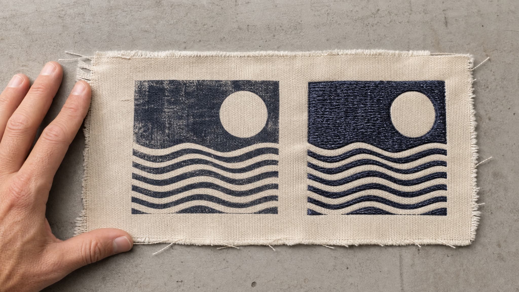 The same design printed and embroidered on matching swatches, side by side