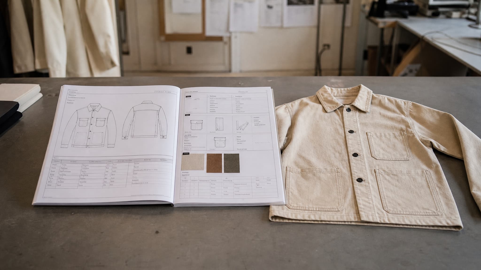 An open tech pack with flat sketches and swatches beside the finished garment