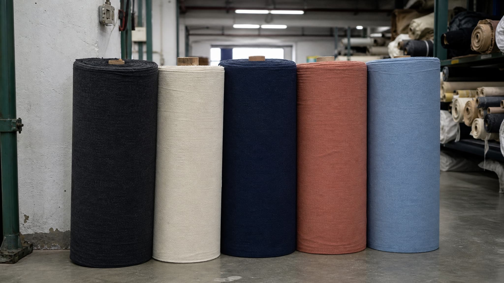 Five upright fabric rolls in a row at the material store