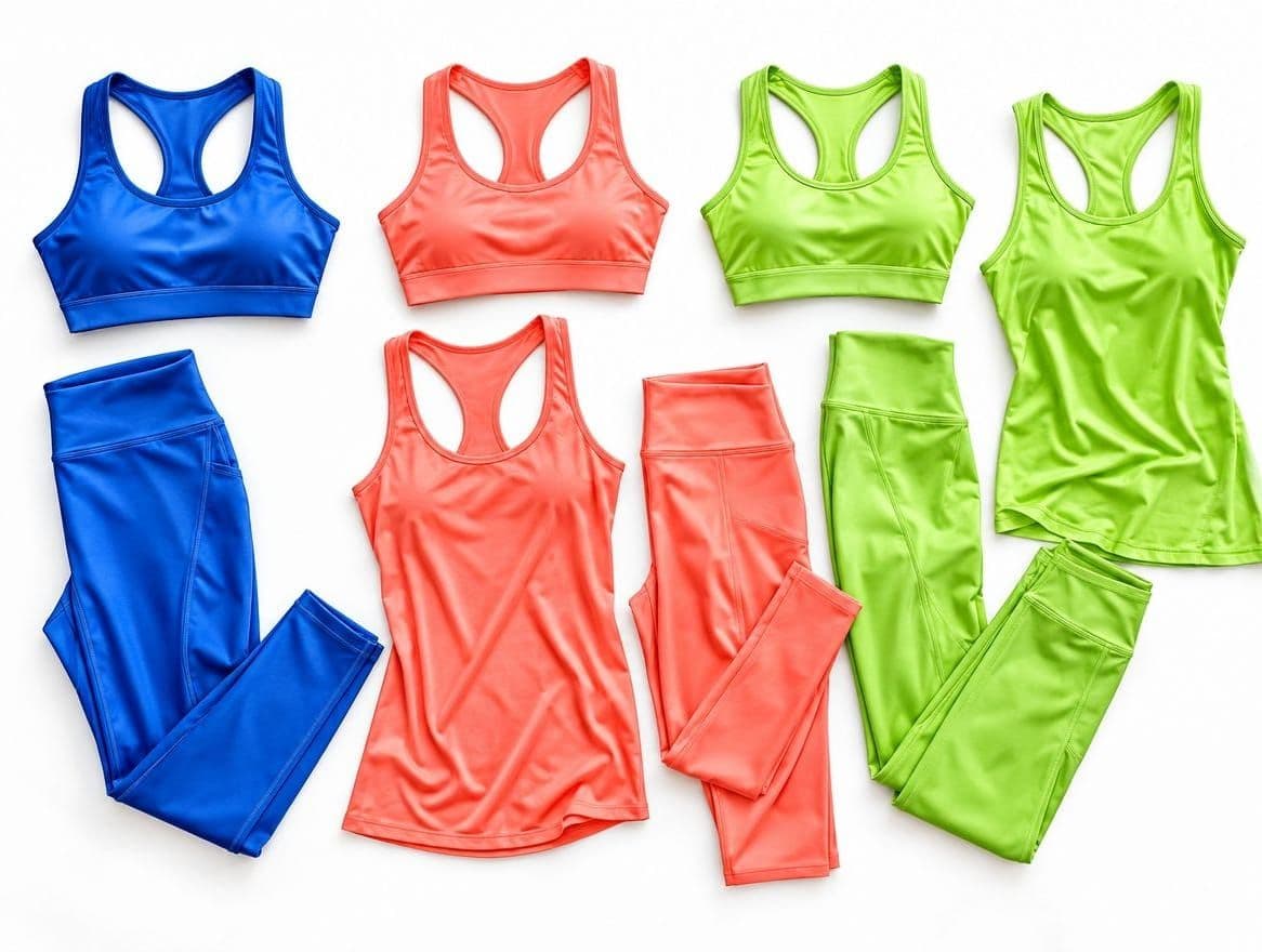 Leggings, sports bras and tanks in electric blue, coral and lime on a white backdrop
