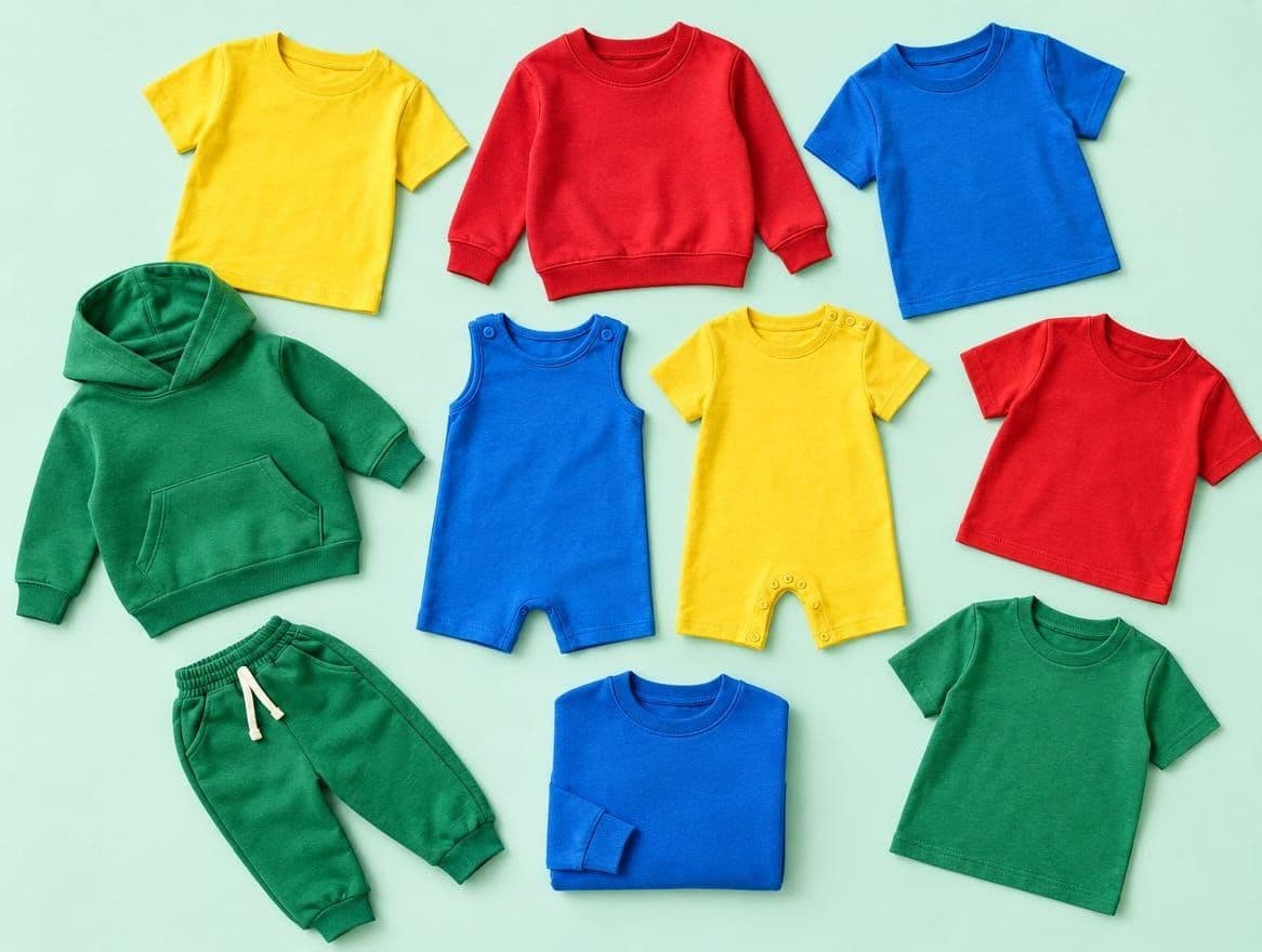 Children's tees, a romper, a hoodie and joggers in primary colours on a mint backdrop